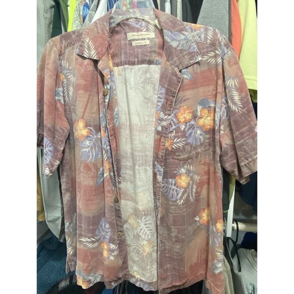 Tommy Bahama Red Multicolor Floral Short Sleeve Silk Cotton Hawaiian Shirt M EUC - Picture 1 of 5